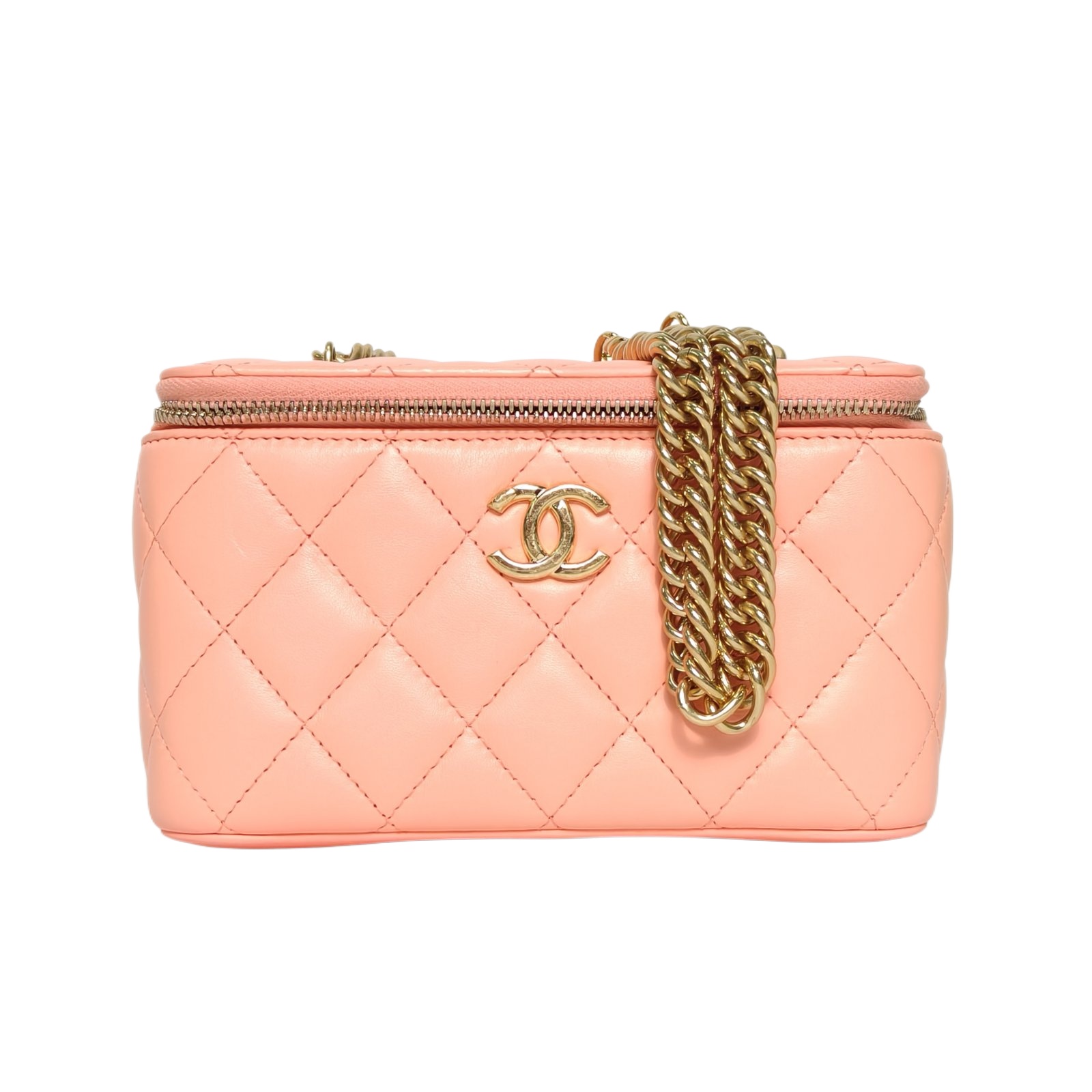 Chanel Long Vanity Case 16.5cm in Coral Pink Quilted Leather