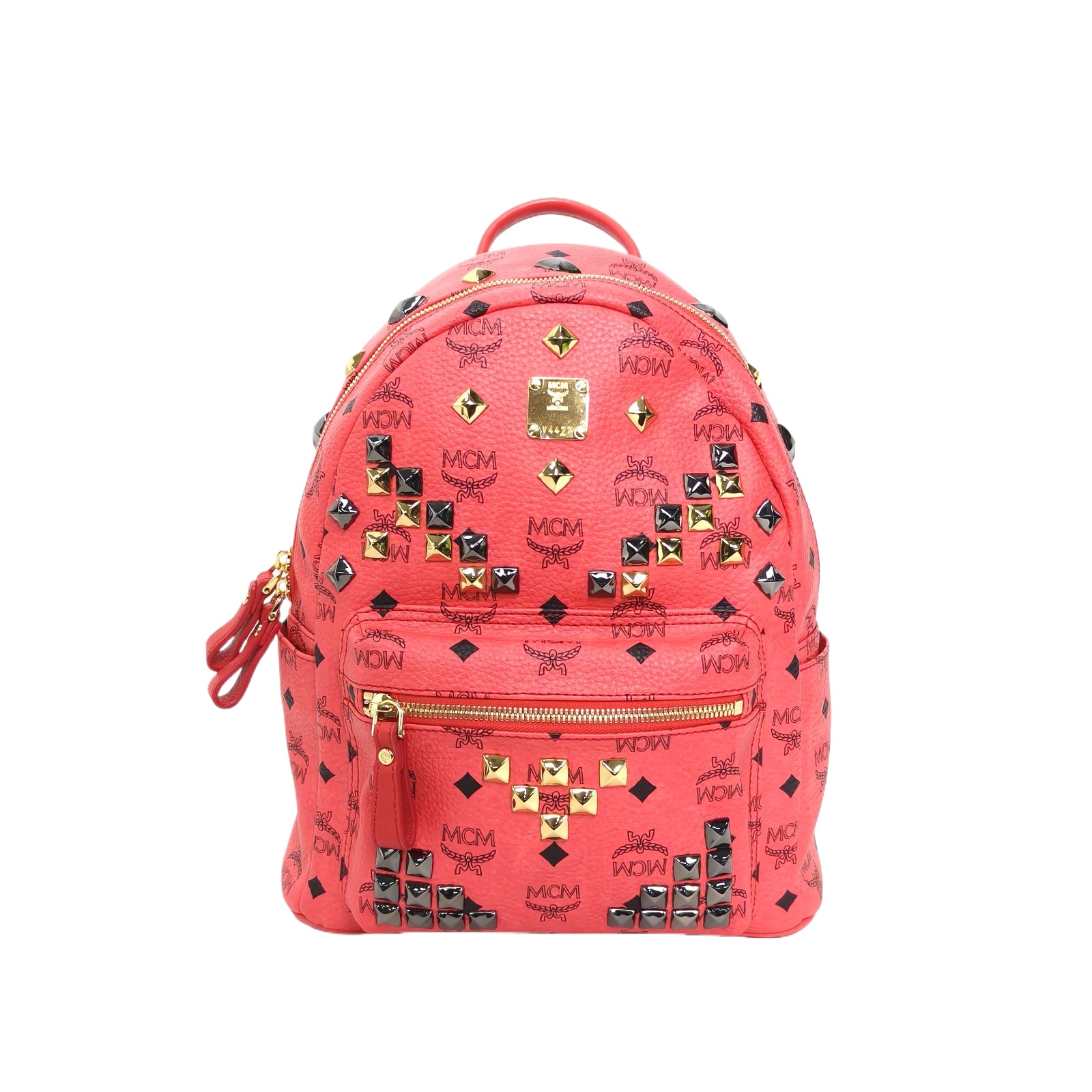 MCM Small Studded Backpack in Coral Red Faux Leather