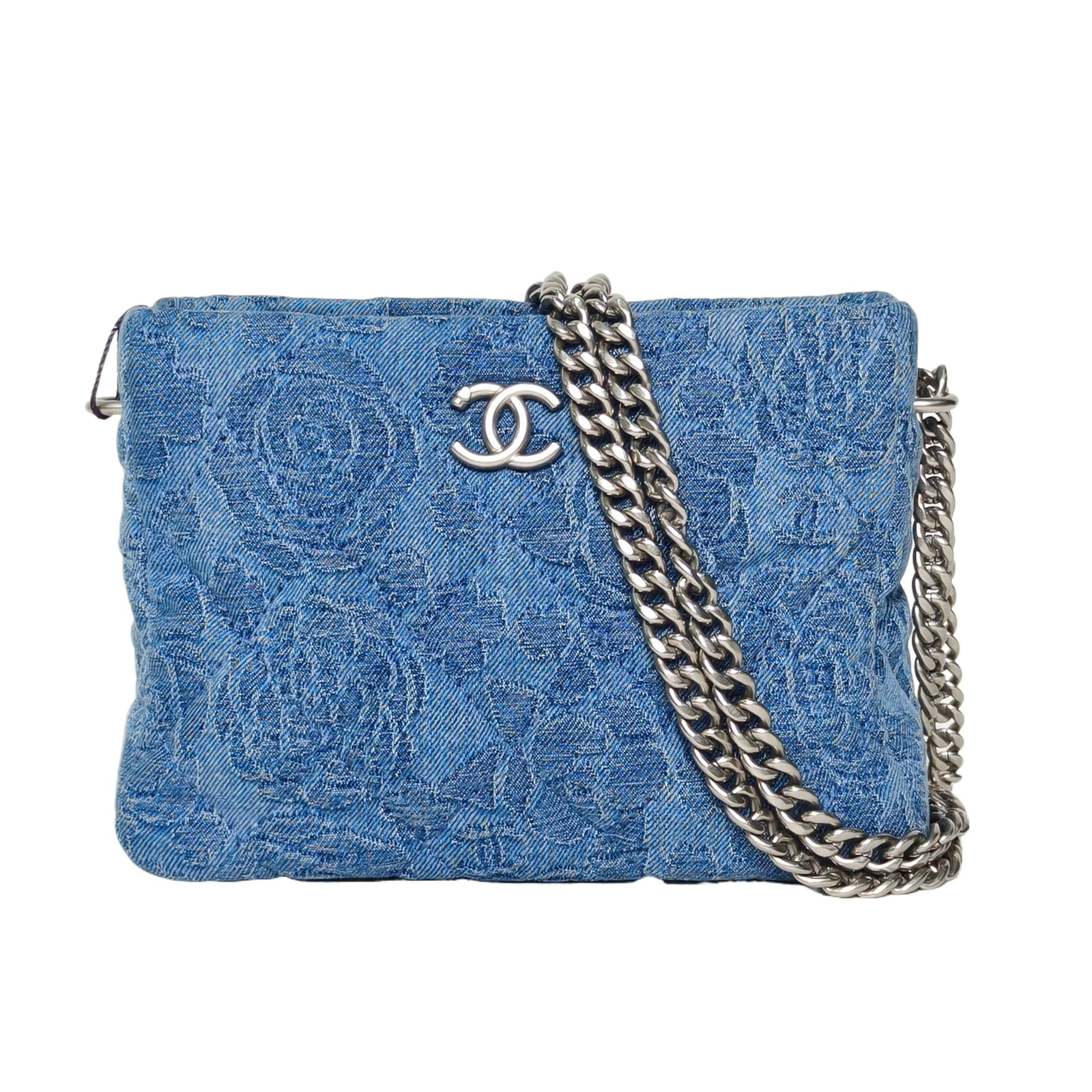 CHANEL Denim Blue Denim Hobo Bag with Heart Gold Ball Strap