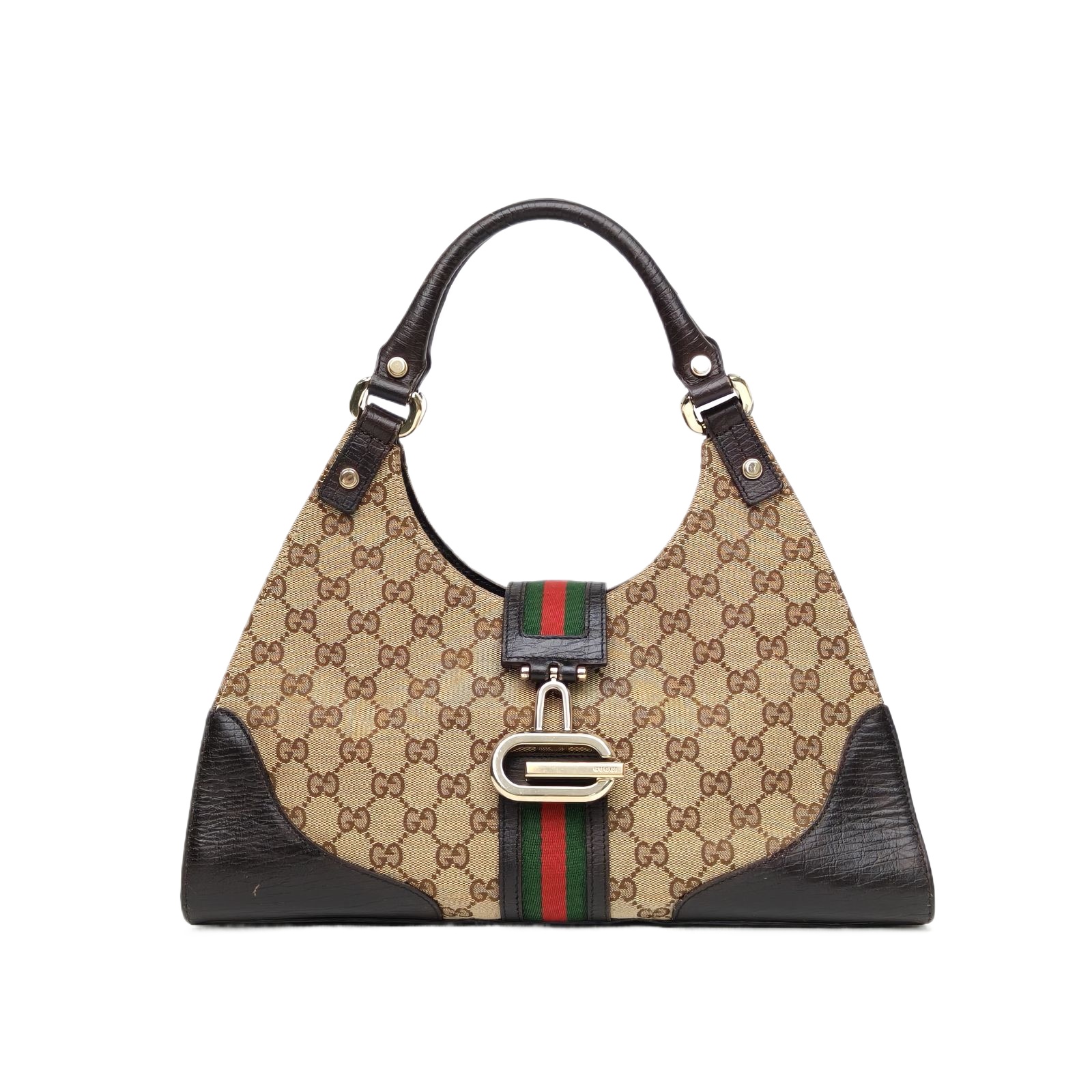 GUCCI Jackie Vintage Dark Brown Canvas Leather Shoulder Bag