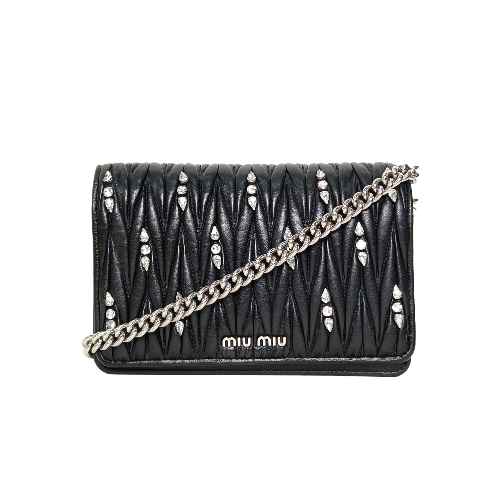 Miu Miu Black Leather Crystal Pleated Chain Bag