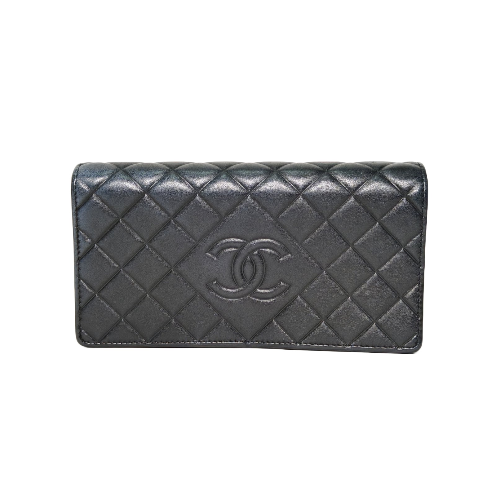 Chanel Long Wallet Black Leather S With Silver CC Logo