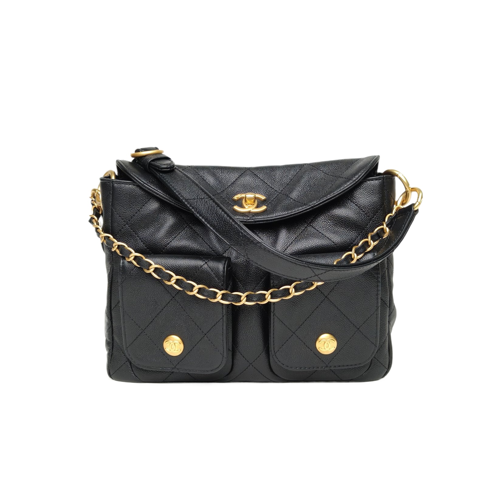 Chanel Suppletwins 24P Small Hobo Bag Black Grained Leather