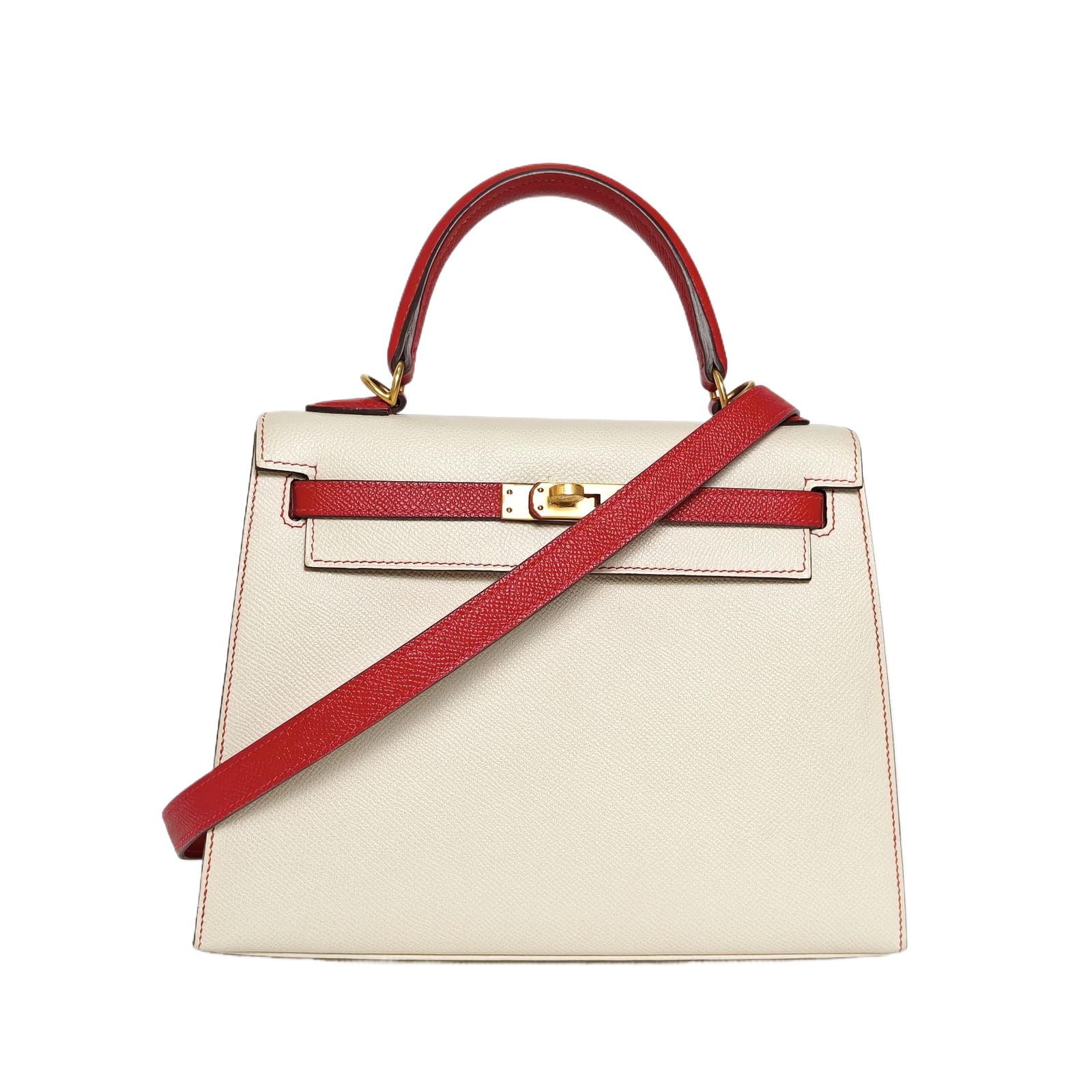 Hermès Kelly 25 Bag in Craie and Rouge de Coeur Epsom Leather