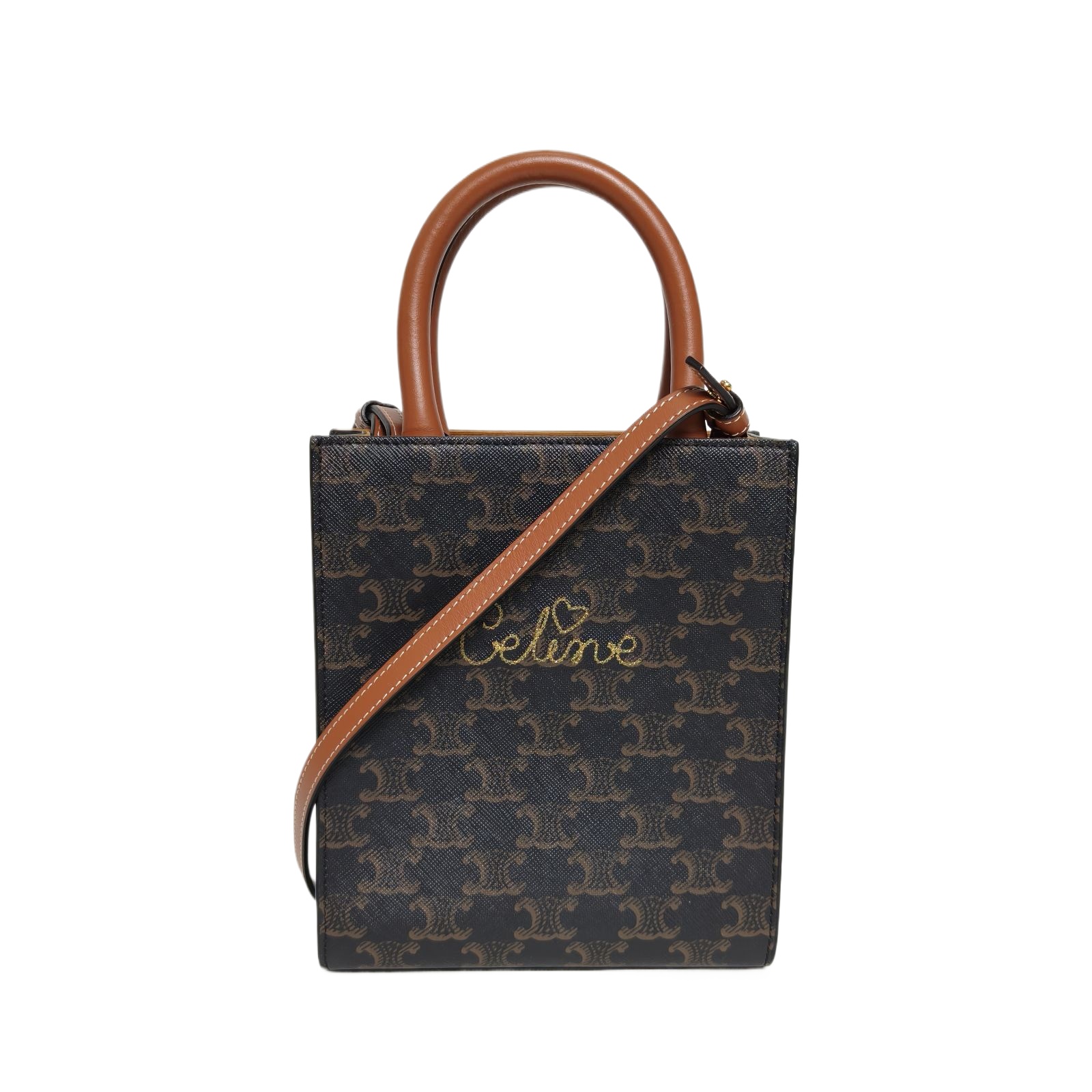 Celine Cabas Vertical Tote Mini Bag in Brown Triomphe Monogram Faux Leather