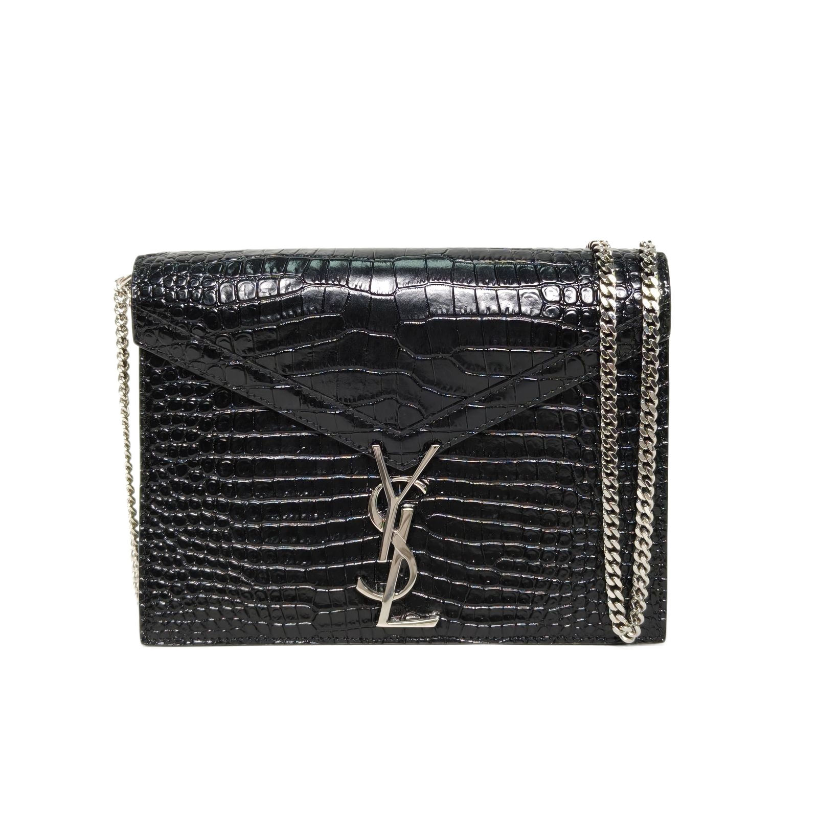 Saint Laurent Cassandra Chain Bag Crocodile Embossed Black Leather
