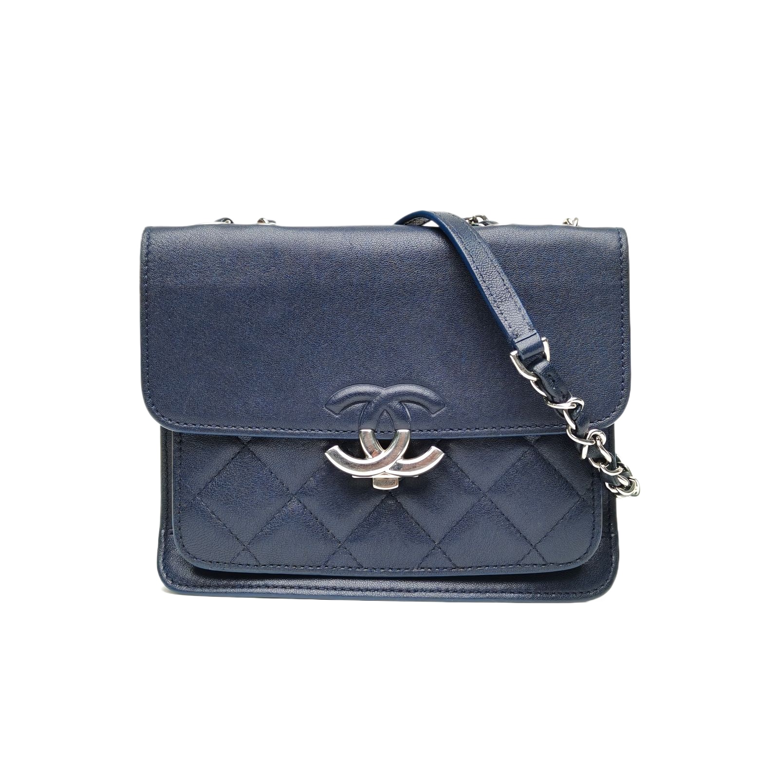 Chanel Vintage Messenger Bag 20 Navy Blue Leather