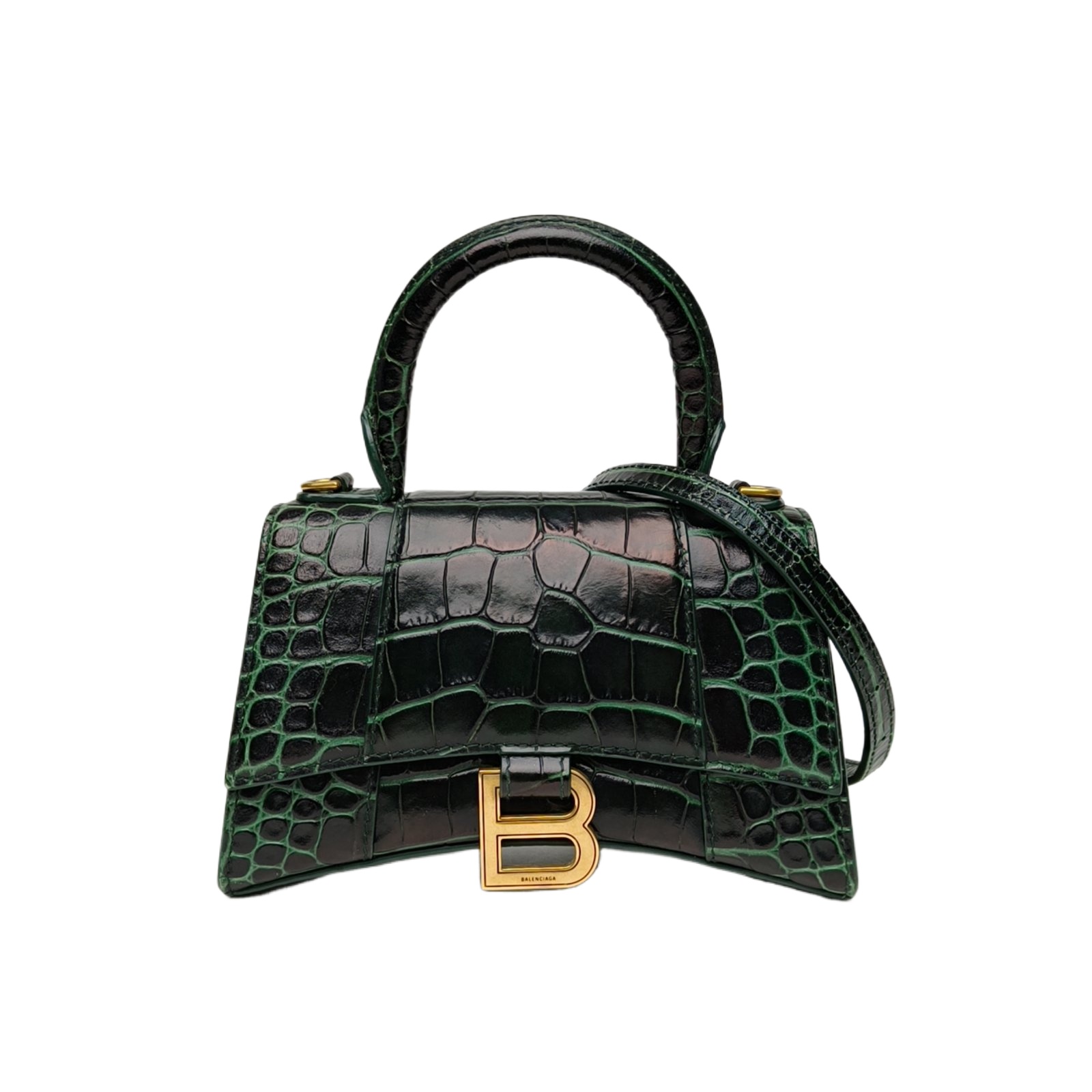 Balenciaga Hourglass XS Crocodile Embossed Bag Dark Green Leather