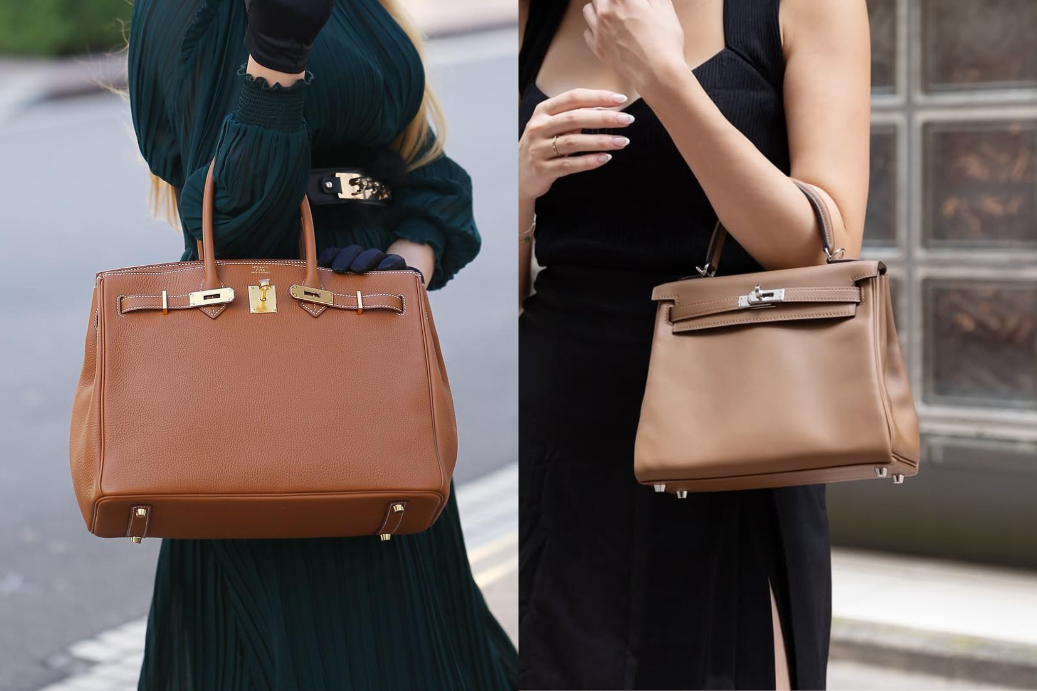 Side by side comparison of a black Hermes Birkin and a tan Hermes Kelly bag.