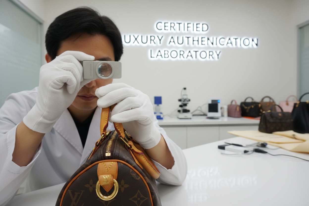 Luxury expert authenticating a used Louis Vuitton bag with a loupe.