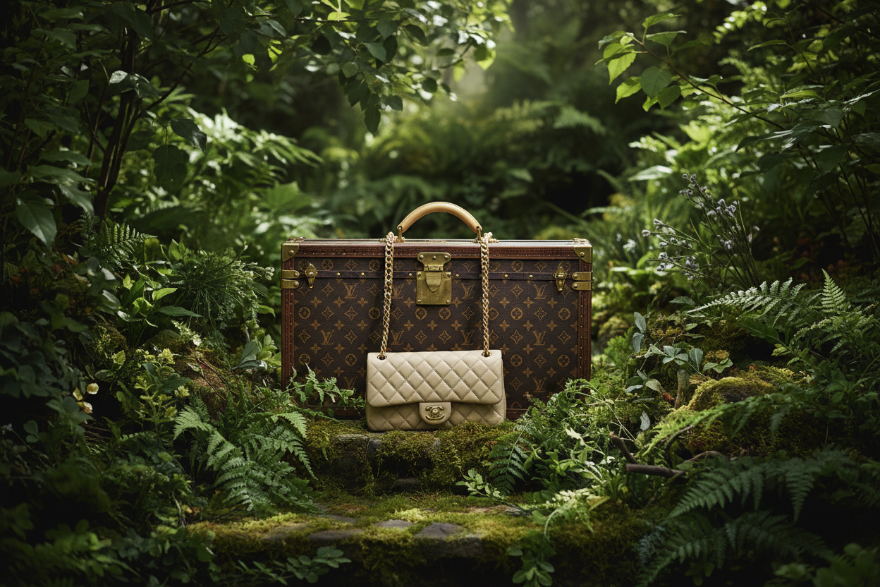 Vintage designer bags in a nature setting representing sustainable luxury fashion.