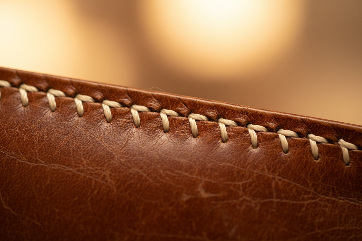Close-up of vintage Hermes leather stitching showing high-quality craftsmanship.